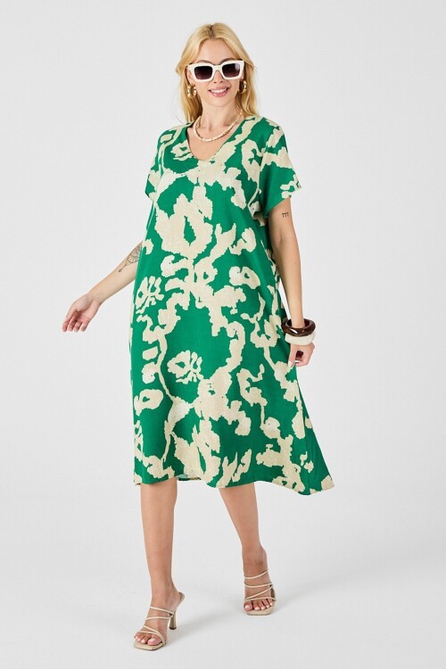 Yeşil Derin V Yaka Yırtmaçlı Desenli Midi Boy Elbise