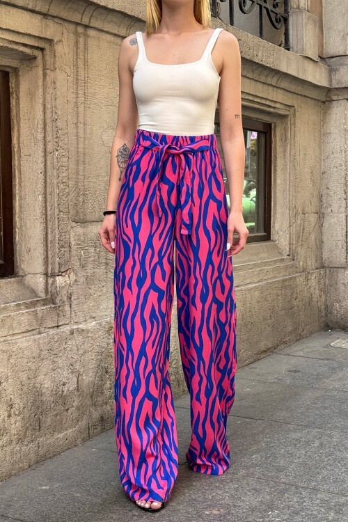 Mor Desenli Beli Lastikli Bağcıklı Palazzo Bol Paça Pantolon
