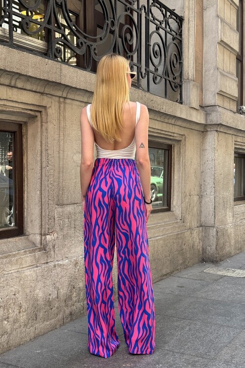 Mor Desenli Beli Lastikli Bağcıklı Palazzo Bol Paça Pantolon