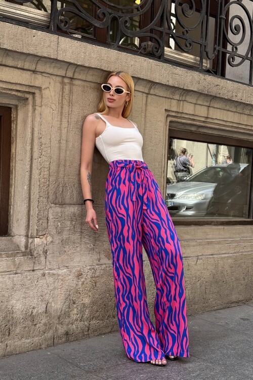 Mor Desenli Beli Lastikli Bağcıklı Palazzo Bol Paça Pantolon