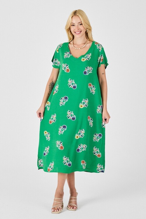 Yeşil Desenli Derin V Yaka Midi Boy Elbise