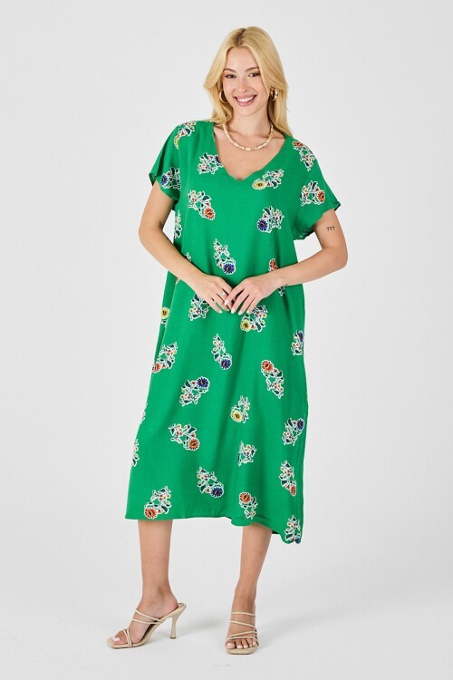 Yeşil Desenli Derin V Yaka Midi Boy Elbise