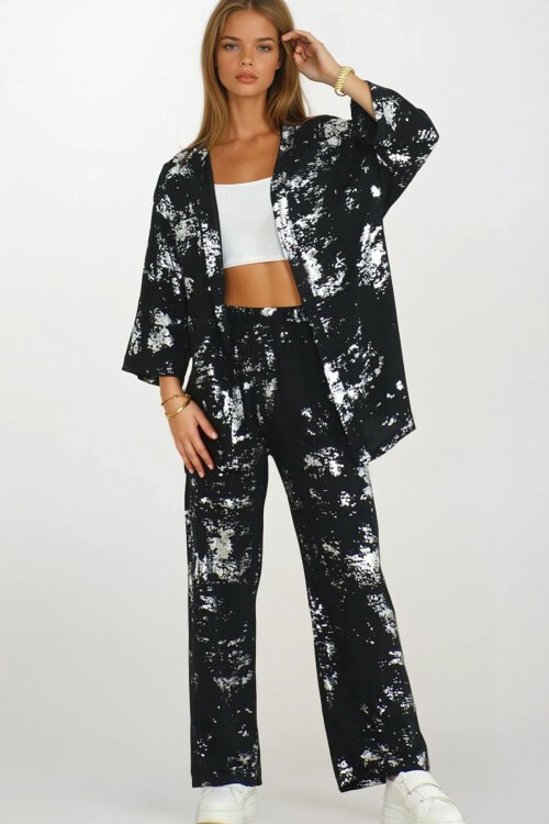 Desenli Kimono ve Beli Lastikli Pantolon Kimono Takım