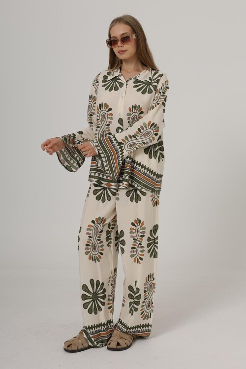 Haki Desenli Kolları Volanlı Gömlek Ve Beli Lastikli Pantolon Takım