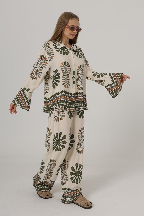 Haki Desenli Kolları Volanlı Gömlek Ve Beli Lastikli Pantolon Takım