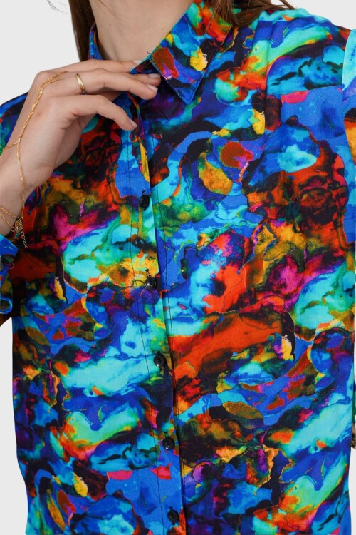 Mavi Desenli Oversize Gömlek Ve Bağcıklı Palazzo Pantolon Takım