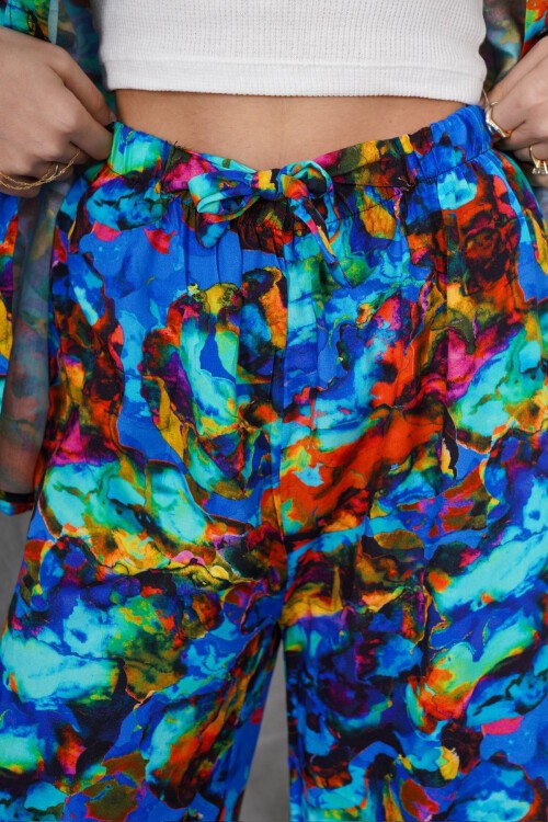 Mavi Desenli Oversize Gömlek Ve Bağcıklı Palazzo Pantolon Takım