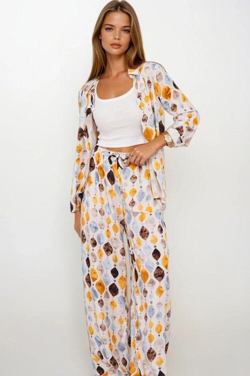 Sarı Desenli Oversize Gömlek Ve Bağcıklı Palazzo Pantolon Takım