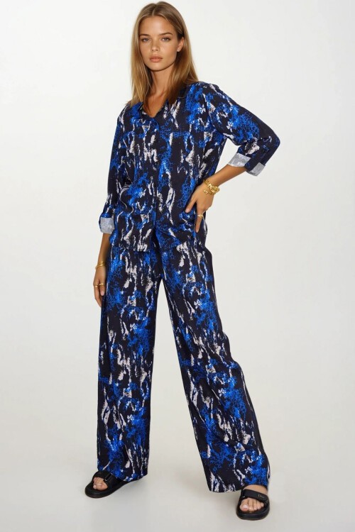 Saks Desenli Oversize Gömlek Ve Bağcıklı Palazzo Pantolon Takım