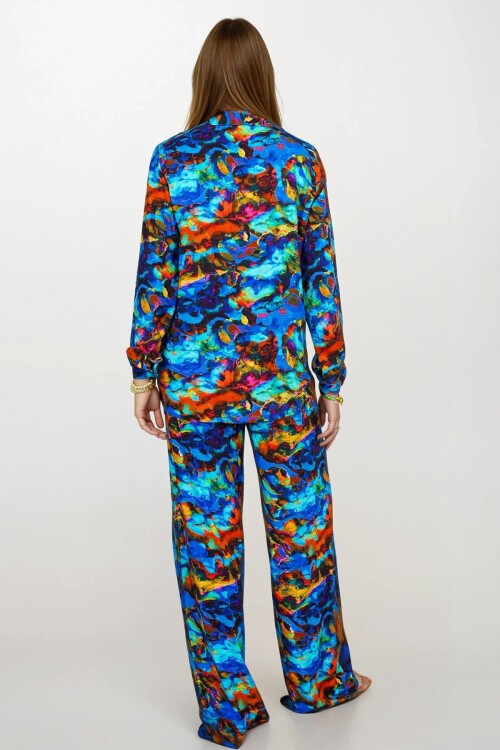 Mavi Desenli Oversize Gömlek Ve Bağcıklı Palazzo Pantolon Takım