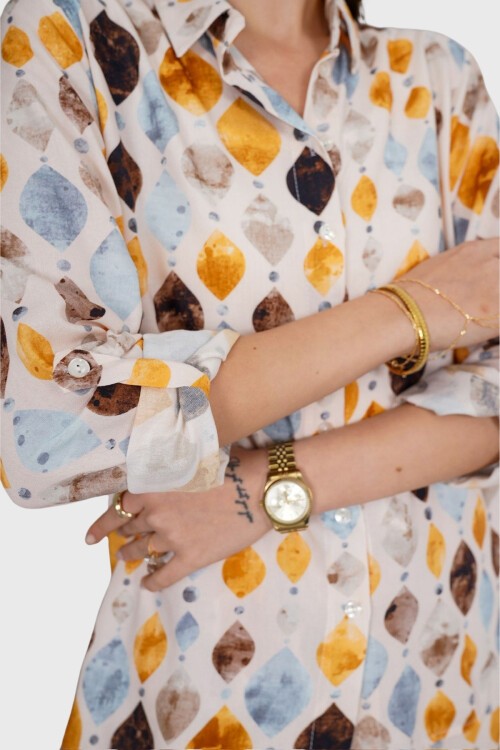 Sarı Desenli Oversize Gömlek Ve Bağcıklı Palazzo Pantolon Takım