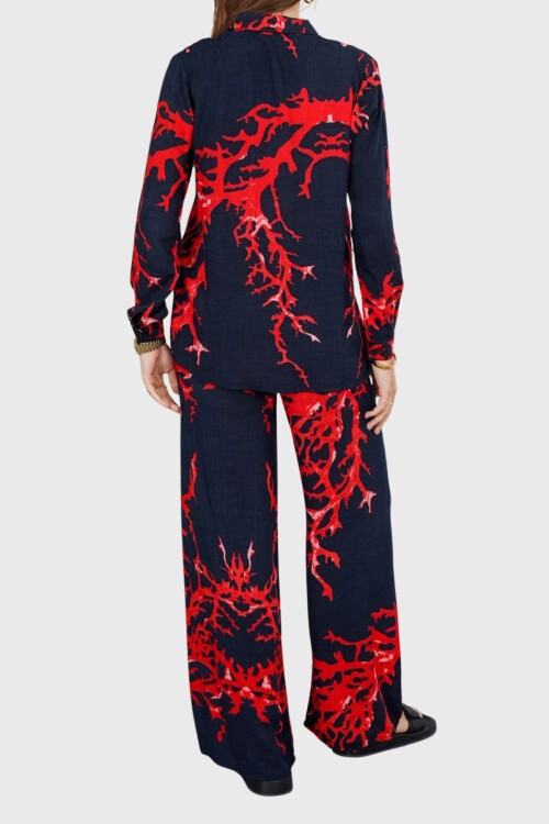 Kırmızı-Siyah Desenli Oversize Gömlek Ve Bağcıklı Palazzo Pantolon Takım