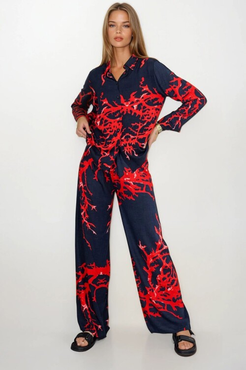 Kırmızı-Siyah Desenli Oversize Gömlek Ve Bağcıklı Palazzo Pantolon Takım