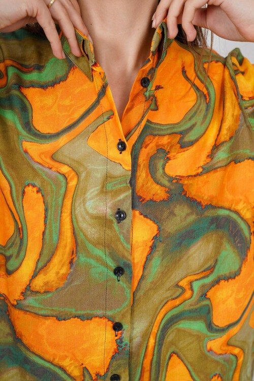 Ekru-Sarı Desenli Oversize Gömlek Ve Bağcıklı Palazzo Pantolon Takım