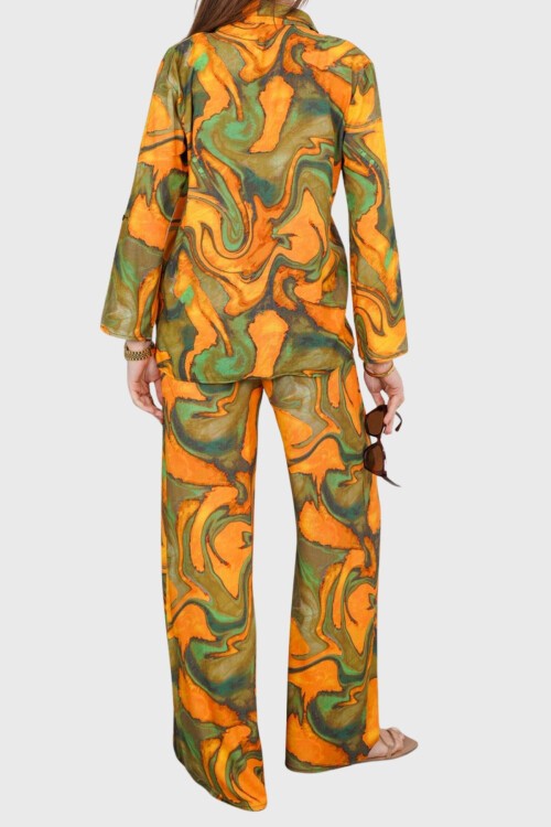 Ekru-Sarı Desenli Oversize Gömlek Ve Bağcıklı Palazzo Pantolon Takım