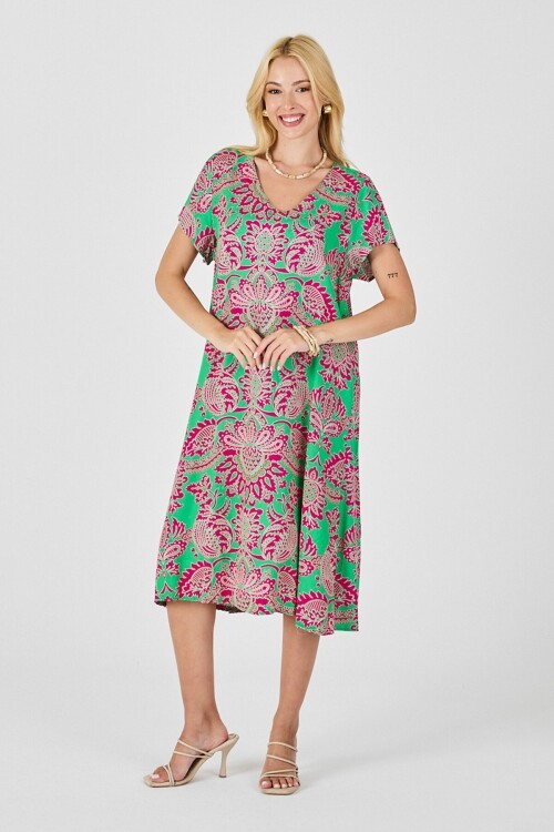 Pembe Desenli V Yaka Kısa Kollu Midi Boy Elbise