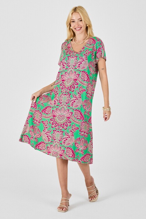 Pembe Desenli V Yaka Kısa Kollu Midi Boy Elbise