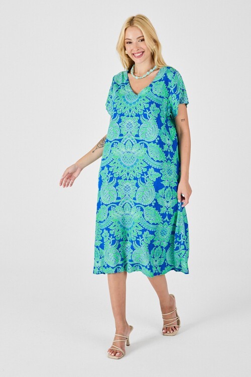 Yeşil Desenli V Yaka Kısa Kollu Midi Boy Elbise