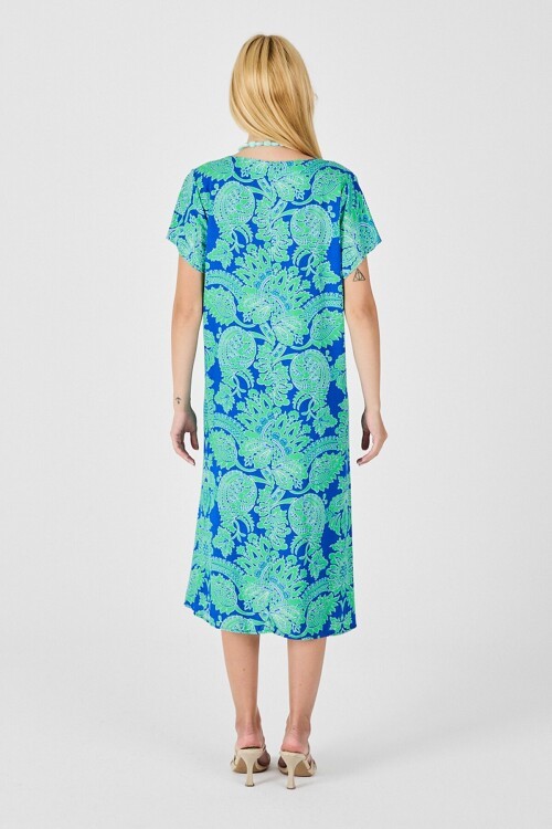 Yeşil Desenli V Yaka Kısa Kollu Midi Boy Elbise