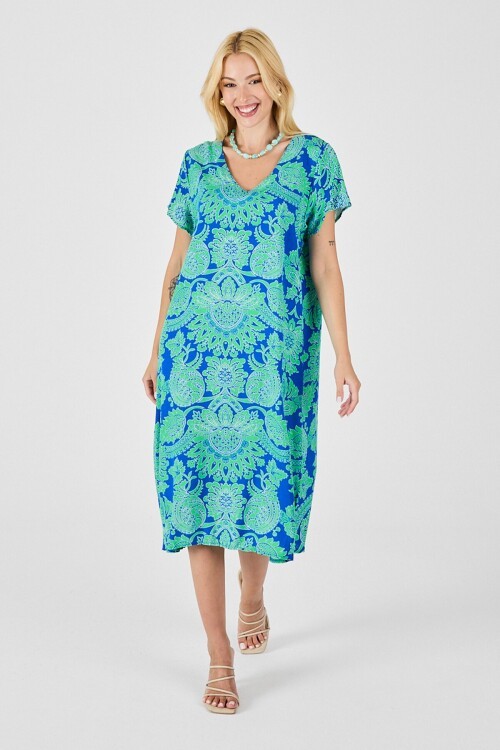 Yeşil Desenli V Yaka Kısa Kollu Midi Boy Elbise