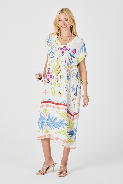 Ekru Desenli Desenli V Yaka Midi Boy Elbise