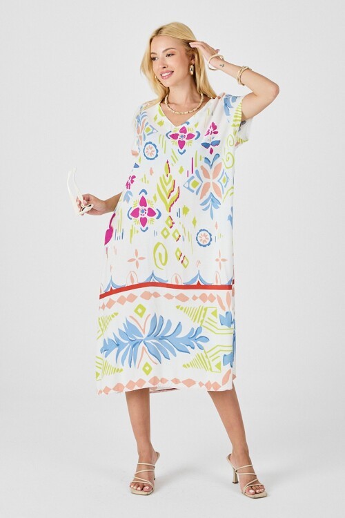 Ekru Desenli Desenli V Yaka Midi Boy Elbise