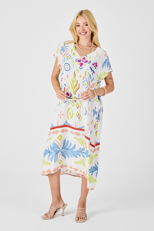 Ekru Desenli Desenli V Yaka Midi Boy Elbise