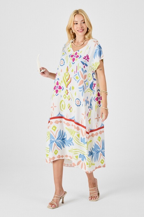 Ekru Desenli Desenli V Yaka Midi Boy Elbise