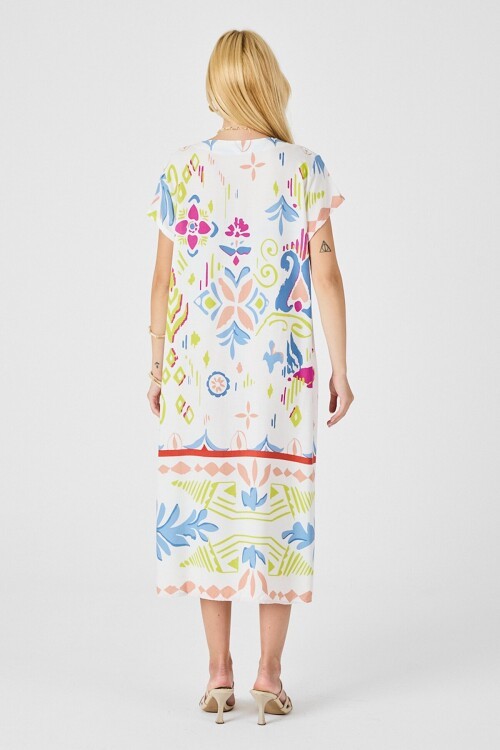 Ekru Desenli Desenli V Yaka Midi Boy Elbise