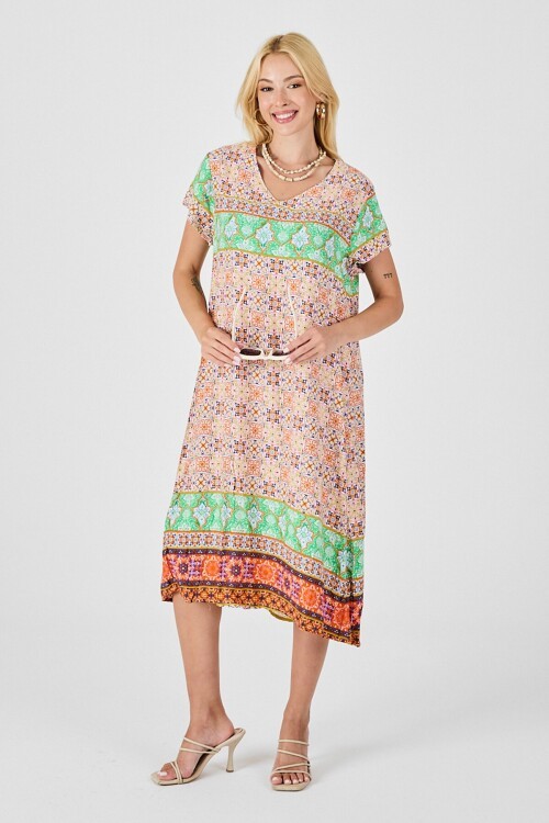 Turuncu-Yeşil Desenli V Yaka Midi Boy Elbise