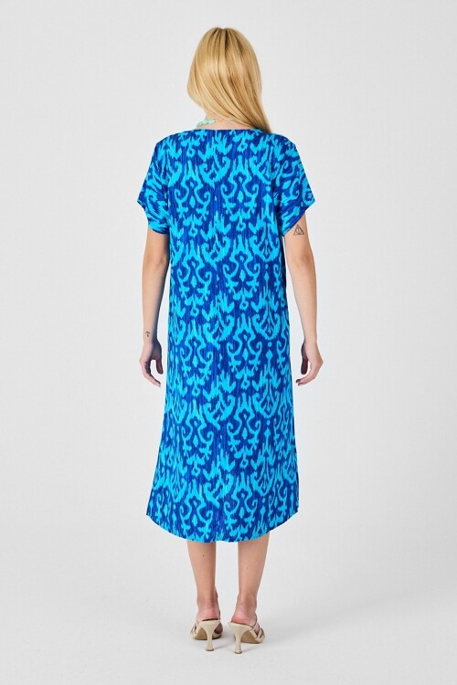 Mavi Desenli V Yaka Midi Boy Elbise