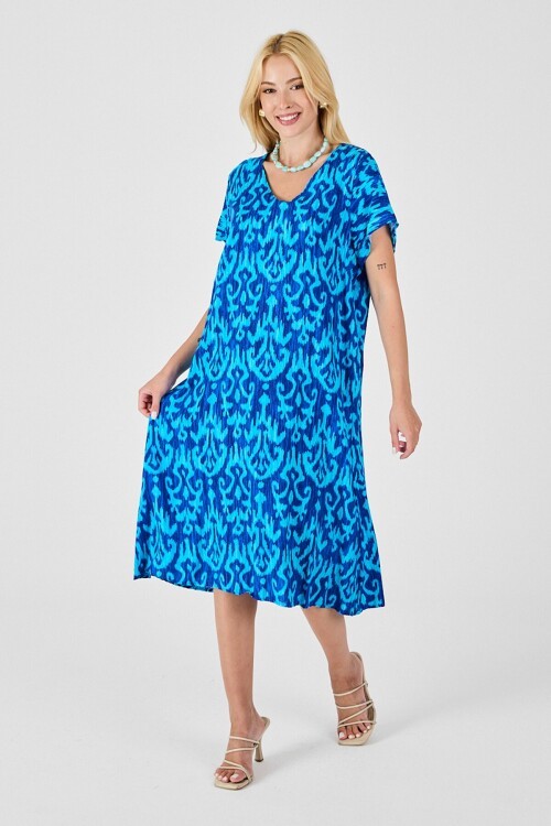 Mavi Desenli V Yaka Midi Boy Elbise