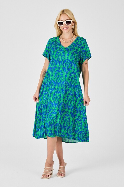 Yeşil Mavi Desenli V Yaka Midi Boy Elbise