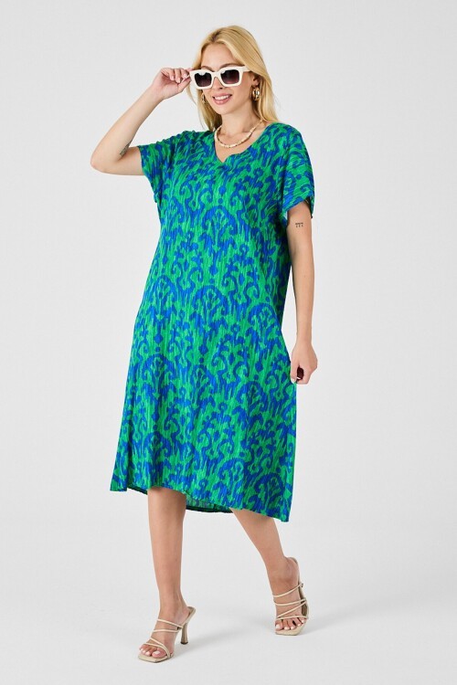 Yeşil Mavi Desenli V Yaka Midi Boy Elbise