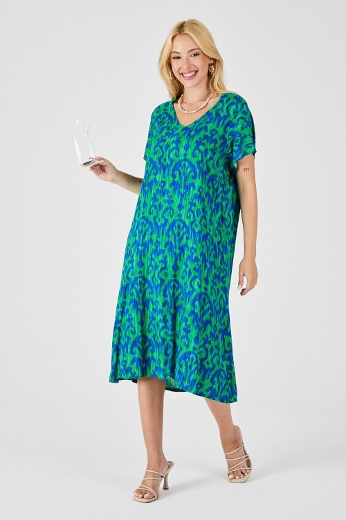Yeşil Mavi Desenli V Yaka Midi Boy Elbise