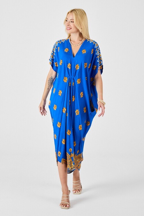 Saks Desenli V Yaka Salaş Kesim Kaftan Elbise