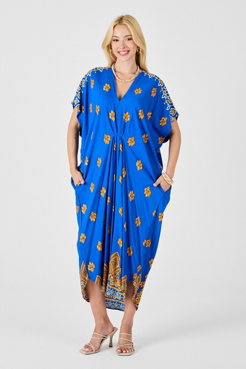 Saks Desenli V Yaka Salaş Kesim Kaftan Elbise