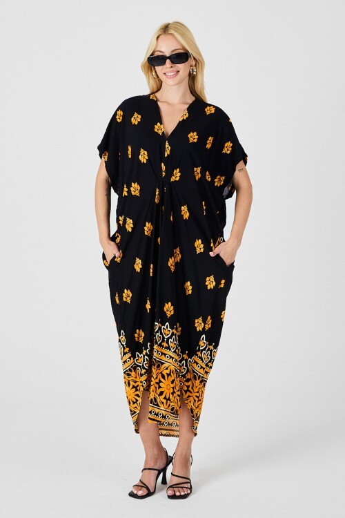 Sarı Desenli V Yaka Salaş Kesim Kaftan Elbise