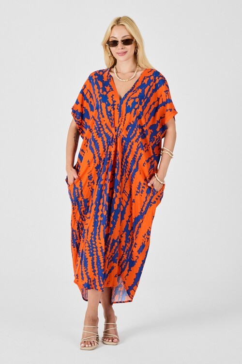 Turuncu Desenli V Yaka Salaş Kesim Kaftan Elbise