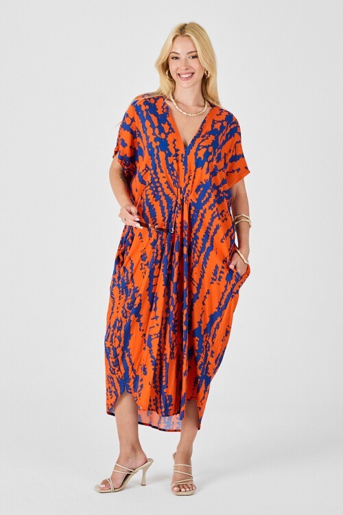 Turuncu Desenli V Yaka Salaş Kesim Kaftan Elbise