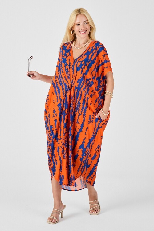 Turuncu Desenli V Yaka Salaş Kesim Kaftan Elbise