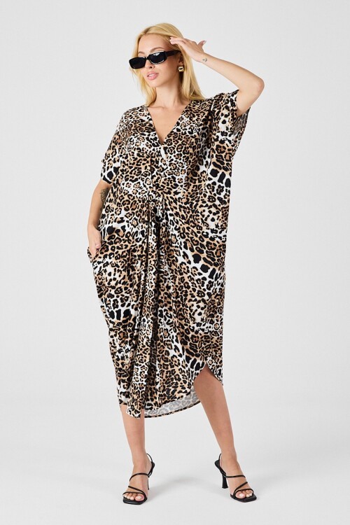 Leopar Desenli V Yaka Salaş Kesim Kaftan Elbise