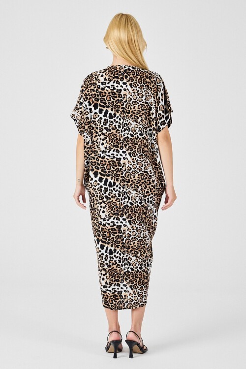 Leopar Desenli V Yaka Salaş Kesim Kaftan Elbise