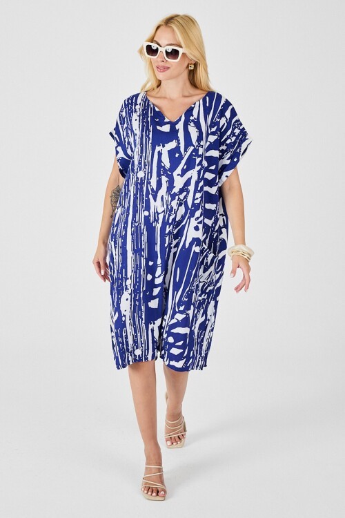 Saks Desenli V Yaka Yarasa Kol Oversize Midi Elbise