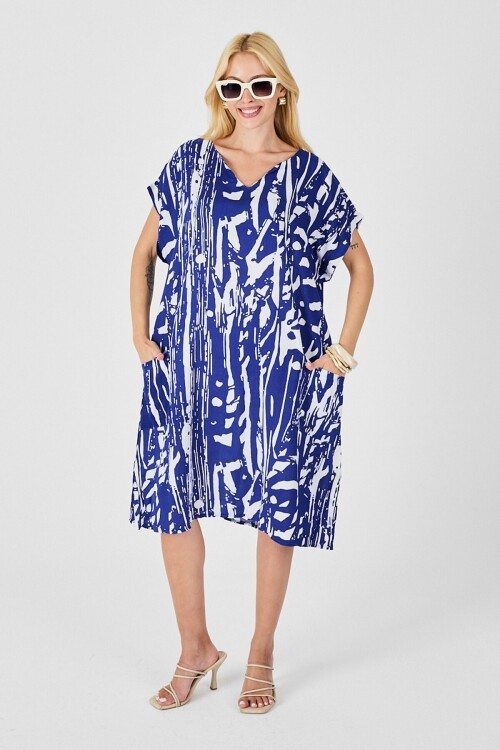 Saks Desenli V Yaka Yarasa Kol Oversize Midi Elbise