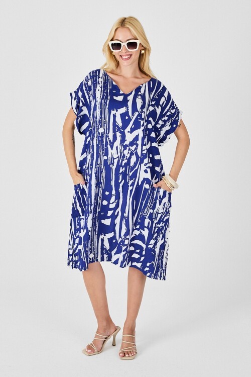 Saks Desenli V Yaka Yarasa Kol Oversize Midi Elbise