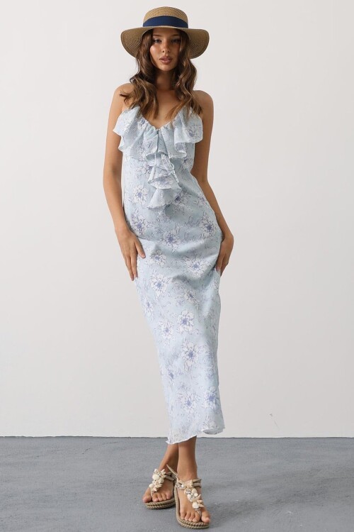 Mavi Desenli Yakası Volanlı Askılı Elbise