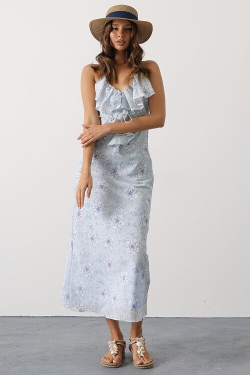 Mavi Desenli Yakası Volanlı Askılı Elbise