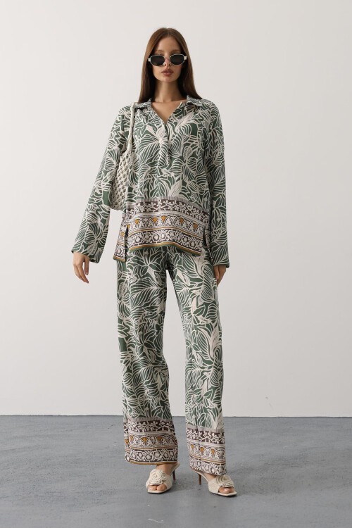 Ekru Desenli Yarım Patlı Bluz Ve Pantolon Takım