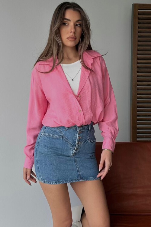 Pembe Düşük Omuzlu Beli Lastikli Gömlek